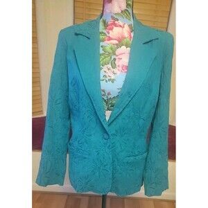Vtg Graff Wear Womens Size M Jacket Button Up Collared Pockets Turquiose Brocade